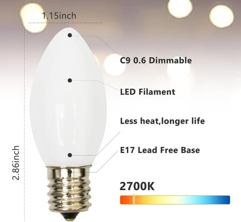 White Christmas Light Replacement Bulbs,25 Pack White Plastic Shatterproof Warm White LED Light Bulbs,C9/E17 Base,0.6W Great for Indoor Outdoor Christmas Balcony,Backyard by Pallerina