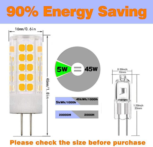 G4 LED Bulbs 110V-130V, 5W Warm White 3000K, Dimmable Bi-Pin Base, Pack of 10 for Under-Cabinet Lighting