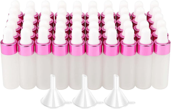 Kesell 50 Pack 5ml Frosted Glass Dropper Bottles with Rose Red Cap, 3 Funnels for Essential Oils and Perfume