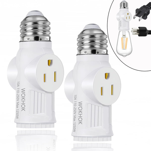 Light Socket to Plug Adapter, 2/3 Prong Converter for Garage Porch, 2 Pack (White)