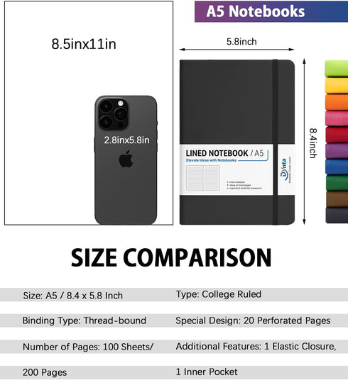 Hardcover Journals Bulk, 10 Packs A5 Lined Notebooks, 200 Pages/100 Sheets, 8.4 x 5.8 inch, 10 Colors