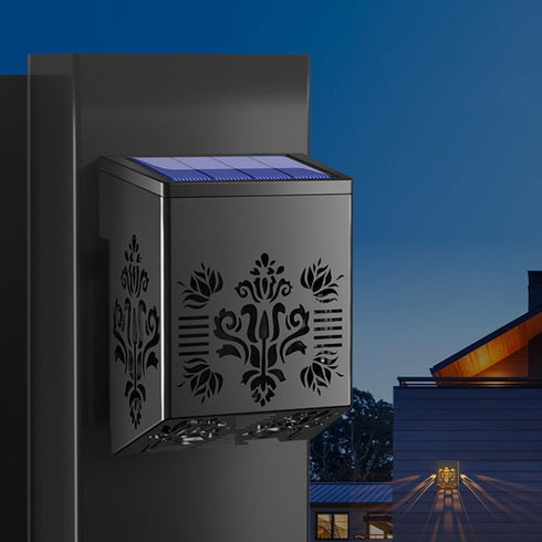 Solar Powered LED Fence Post Lights Outdoor Wall Lamp with Hollow Pattern Garden Patio Deck Lighting for Pathways