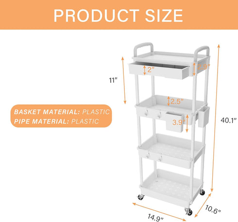 REBECAT 4 Tier Rolling Utility Cart with Drawer, Multifunctional Storage Organizer for Kitchen, Bathroom, Office (Gray)