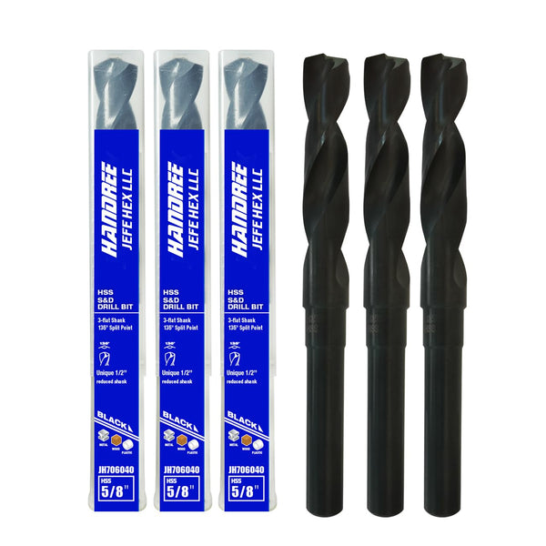 Reduced Shank Industrial Drill Bit, 5/8 Inch HSS Black Oxide Finish, 135-Degree Split Point for Wood and Plastic