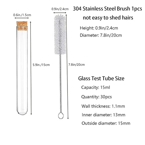 30pcs 20ml Glass Test Tubes 15 x 150mm with Cork Stoppers and Brush for Scientific Experiments and Plant Propagation Test Tubes