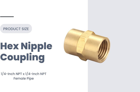 Brass Coupling 1/4 Inch NPT Female x 1/4 Inch NPT Female Hex Head Pipe Fitting, Pack of 10, Air Hose Adapter