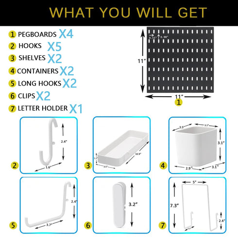 Pegboard Combination Kit for Wall Organizer, 4 Pieces Black Pegboards with 14 Accessories for Kitchen, Bedroom, Office
