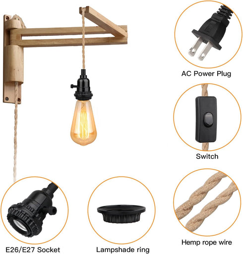 Zevnico 16.5FT E26 Pendant Light Kit, Hanging Lights with Plug in Cord & Switch, Hemp Rope Swag Socket Pendant Lamp