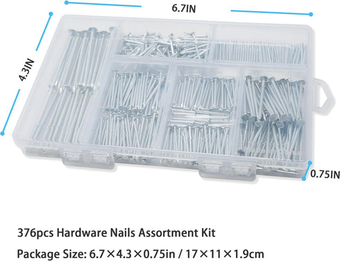 376pcs Premium Hardware Nails Assortment Kit, Maximum Length 2 Inches, Galvanized, Picture Hanging, Wood, Wall with