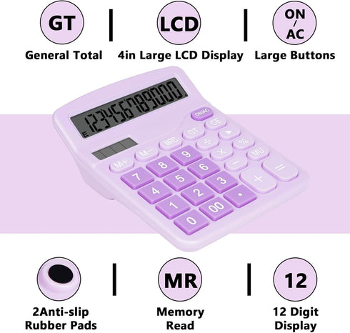 Cute Purple Desktop Calculator with Big Buttons, Dual Power Source, Large Display Screen for Office and Students, Purple