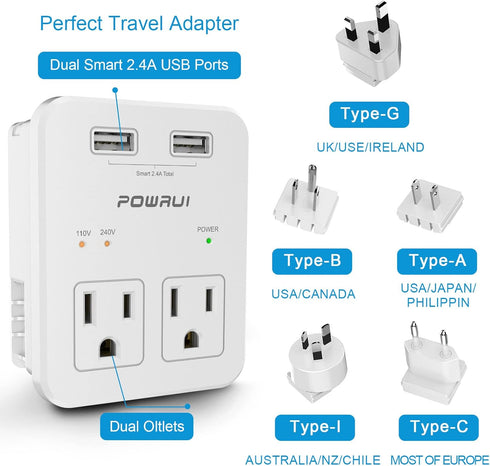 Travel Essentials European Plug Adapter - International Power Plug with 2 USB Ports & 2 US Outlets for Europe, UK