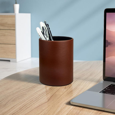Pen Pencil Holder Cup Container, Brown PU Leather Desk Organizer Stand for Scissors, Brush, Office Decor