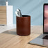 Pen Pencil Holder Cup Container, Brown PU Leather Desk Organizer Stand for Scissors, Brush, Office Decor