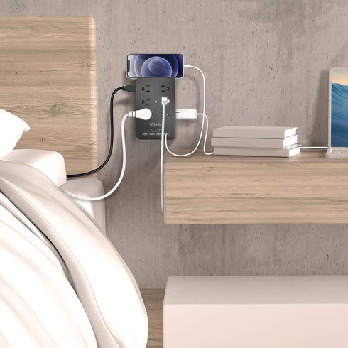Nikleb Multiple Plug Outlet Extender, Surge Protector with 12 Outlets, 4 USB Ports, Phone Holder, Low Profile