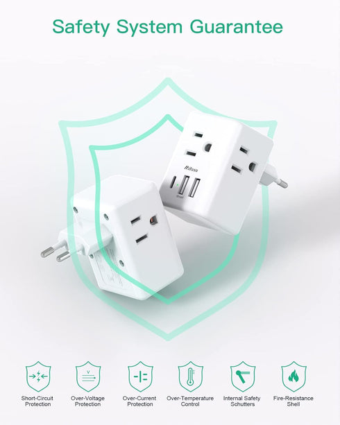 European Travel Plug Adapter with USB Charging Ports, International Type C Power Adapter for US to Europe