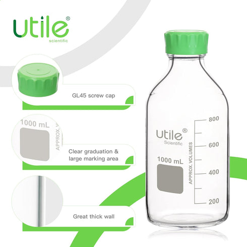 Utile 1000ml (33.8oz) Lab Media Bottle, 3.3 Borosilicate Glass Storage Bottle with Lid, PP Material