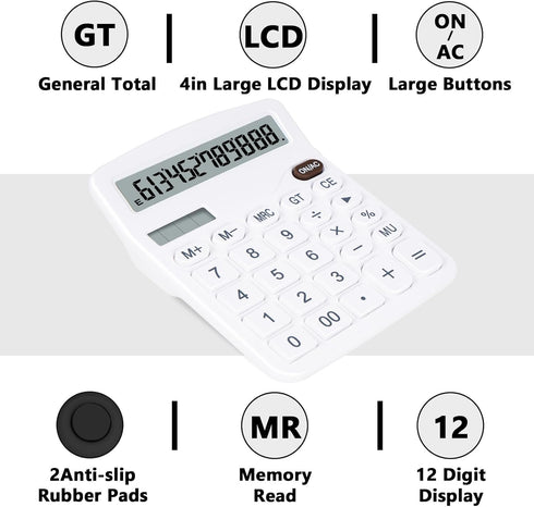 Cute White Desktop Calculator, Big Buttons, Dual Power Source, Large Display Screen for Office