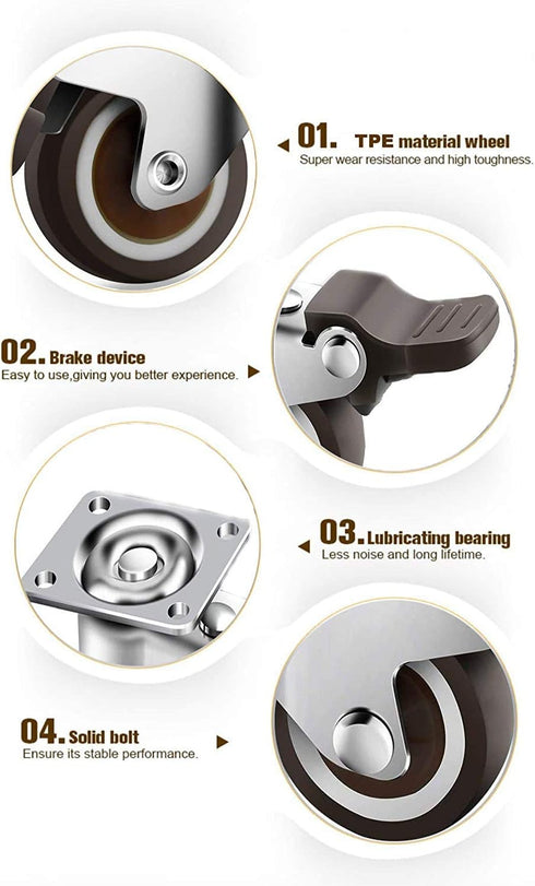 GBL 1" Small Caster Wheels with 2 Brakes + Screws - Set of 4 Low Profile Silent Casters for Cart and Furniture