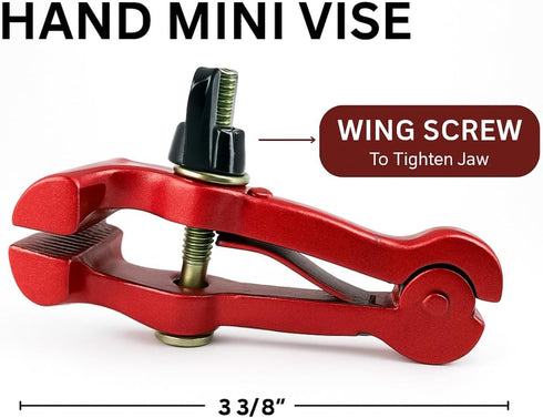 3" 1.25" 0.5" BENCH WIZARD Mini Handheld Vise | Adjustable Width Vise Jaws Can Open Wide Using Wing Nut Tension Screw |