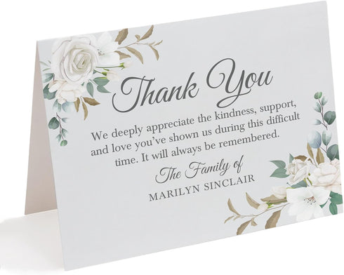 White Floral Sympathy Thank You Cards, Funeral Thank You Cards, Personalized 5.5x4.25