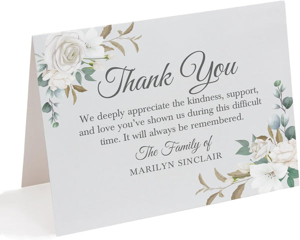 White Floral Sympathy Thank You Cards, Funeral Thank You Cards, Personalized 5.5x4.25