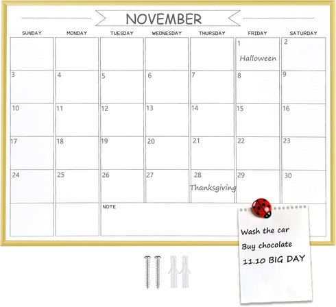 Dry Erase Monthly Calendar Whiteboard, 10.5"x 14.5" Gold Aluminum Frame, Magnetic White Board for Wall