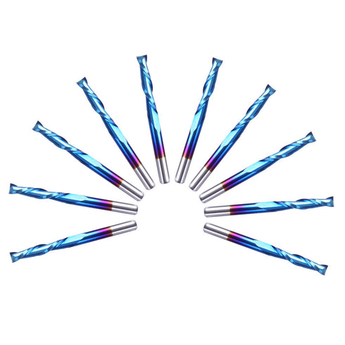 SainSmart Genmitsu 10Pcs Nano Blue Coat Flat Nose End Mill CNC Router Bits, 1/8" Shank Spiral Upcut 2 Flute Set