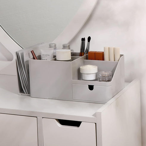 Desk Organizer with Bookshelf, White Multifunctional Organizer with Drawer for Makeup Storage, Small, Grey