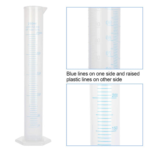 5Pack 250ml Plastic Graduated Cylinder, Durable Lab Test Tube Flask with 2-Sided Measuring Lines