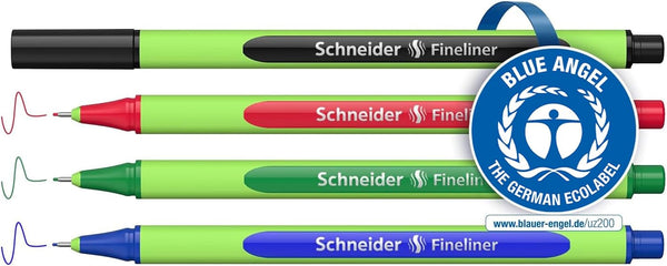Schneider Line-Up Fineliner Pack of 4 Pens, 0.4 mm Fiber Tip, Assorted Ink Colors, Light Green Barrel (191094)