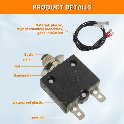 Push Button Circuit Breaker 5 Amp Manual Reset Fuse Tester with 18 AWG Wires, Hex Nut, Grip Nut Ring