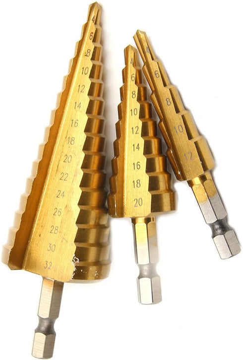 3pc 1/4" Hex Shank HSS Steel Step Drill Bit Set - Titanium Coated Cone Drill Hole Metal Cutter