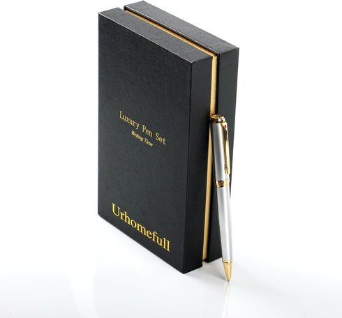 Luxury Ballpoint Pen Gift Set, 24K Gold Trim, Black Ink Refills, Fancy Writing Pens for Men Women, Christmas Silver