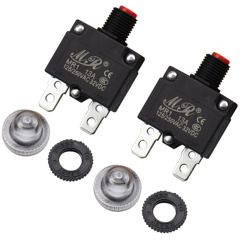13 Amps Thermal Circuit Breakers, 125/250V AC 32V DC Push Button Manual Reset Overload Protector Switch 2 Pack