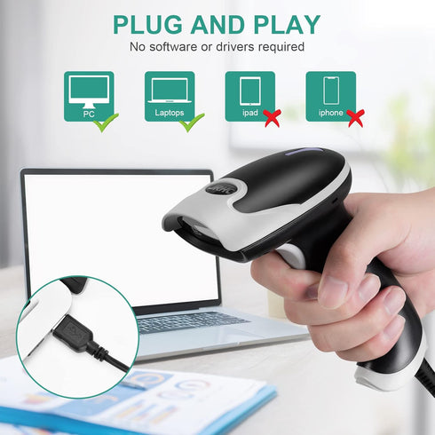 JRHC 1D 2D PDF417 Barcode Scanner, Handheld USB Barcode Scanner Wired Connection Barcode Reader QR Data Matrix