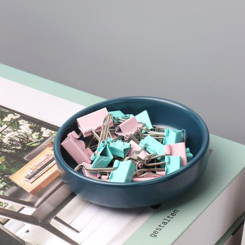 MEI YI TIAN Small Ceramic Paperclip Holder for Desk, Round Macaron Navy Blue Paper Clip Dispenser, Cute Storage Plate