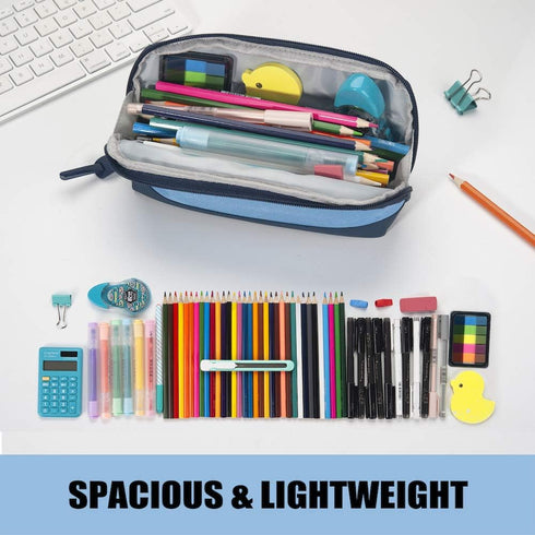 Sooez Wide-Opening Pencil Pen Case, Aesthetic Blue Pencil Pouch, Lightweight & Spacious Zipper Stationery Bag for