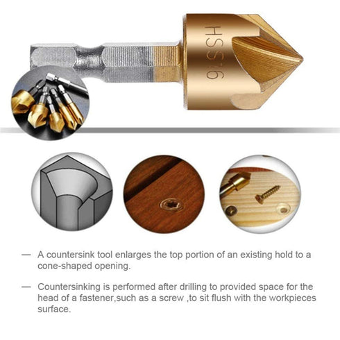 Countersink Drill Bit Set, 3 Pcs 1/4'' Hex Shank High Carbon Steel 5 Flute Countersink Tool Sets