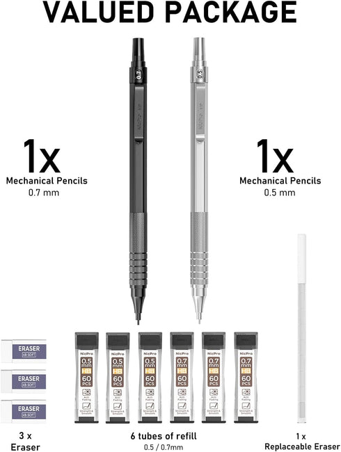 Nicpro 2 PCS Mechanical Pencils 0.5mm & 0.7mm, MP1000 Metal Artist Pencil Set with 6 Tubes HB Lead Refills, Black &
