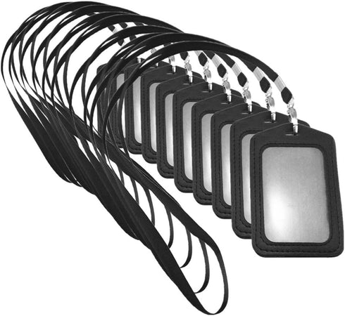 yueton 10pcs Leather Business ID Badge Card Holder with Long Neck Strap Lanyard, Black
