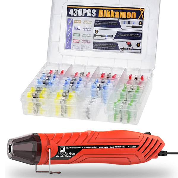 430PCS Solder Seal Wire Connectors with 300W Heat Gun, Waterproof Solder Stick Heat Shrink Butt Wire Connectors