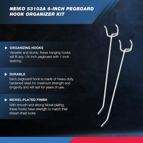 Neiko 53102A 6” Pegboard Hook Organizer Kit, 50 Pack, Hanging Hooks Set for Garage Organization