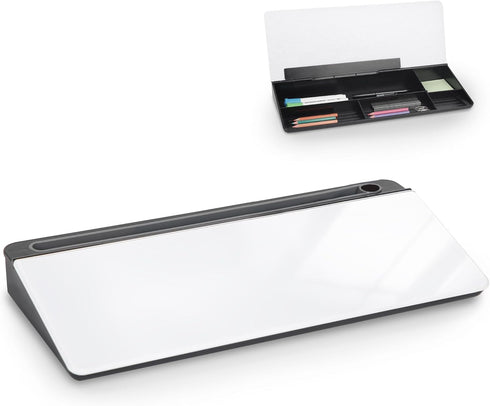 ORIENTOOLS 16'' x 7'' Desktop Whiteboard with Glass Surface, Dry Erase Board with Storage, Desk Accessories for Office,