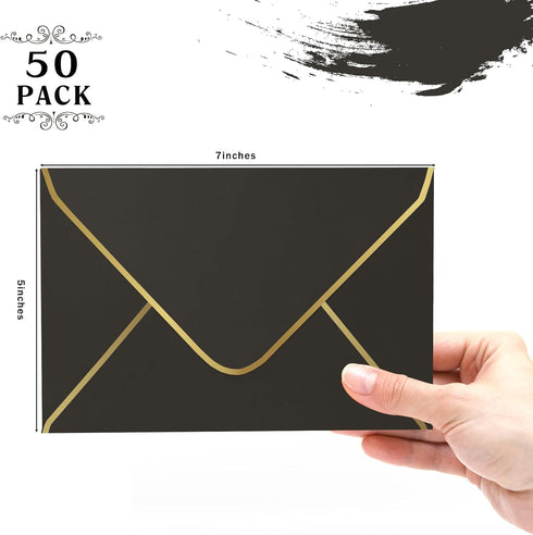 Black 5x7 Envelopes 50 Pcs, Goefun A7 Envelopes for Invitation, V-Flap with Gold Border for Baby Shower, Graduation, Announcements by Goefun