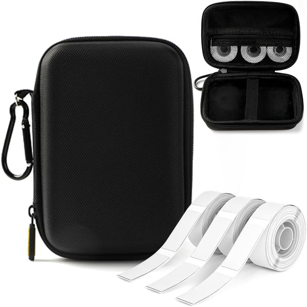 Phomemo D30 D35 Label Marker with Black Case, 3 Rolls of White Label Tapes, Waterproof Storage Bag, 160 Tapes/Roll