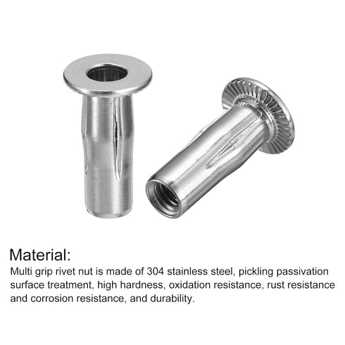 uxcell M6 Multi-Grip Rivet Nuts, 2pcs Pre-Bulbed Shank Flat Head Threaded Insert Nut for Construction & Industrial
