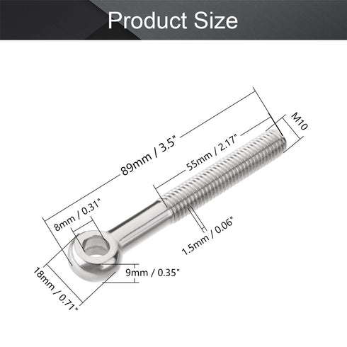 MroMax M10 x 80mm Machinery Shoulder Swing Lifting Eye Bolt, 2Pcs 304 Stainless Steel Metric Thread Lifting Eye Bolt for Home Renovation, Pipeline Gate Valves Fasteners, Silver