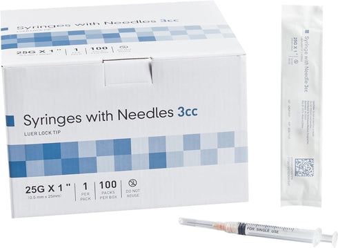 Disposable Lab Syringes, 3ml, 25G 1 Inch Needle, Luer Lock, Pack of 100, Individually Sealed