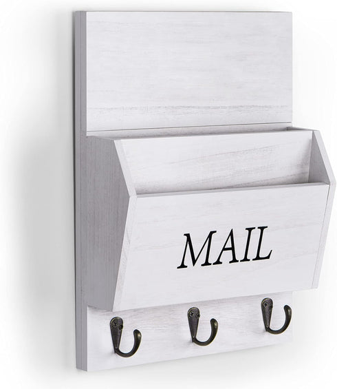 DLQuarts Mail Organizer with Key Holder, Wall Mounted Wooden Mail Sorter with 3 Hooks, White