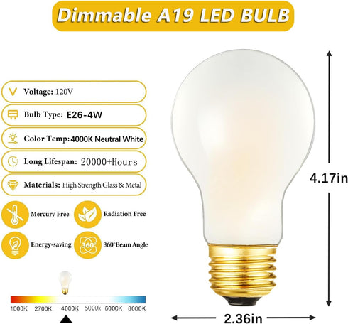 Bulbs 40W, E26 Dimmable Bulbs 4W, 4000K White,400LM, AC120V, A19 Bulbs 90 CRI,6Pack Frosted Vintage LED Edison LED